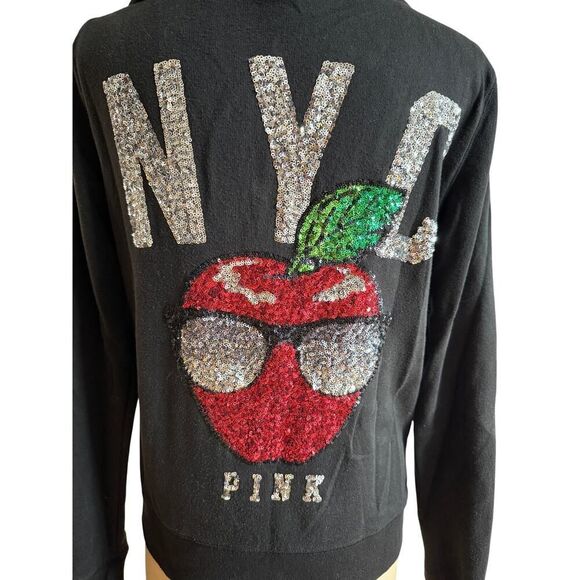 Vintage Pink Victoria's Secret NYC Sequin Red Apple Hoodie sz‎ Medium EUC - Picture 1 of 3